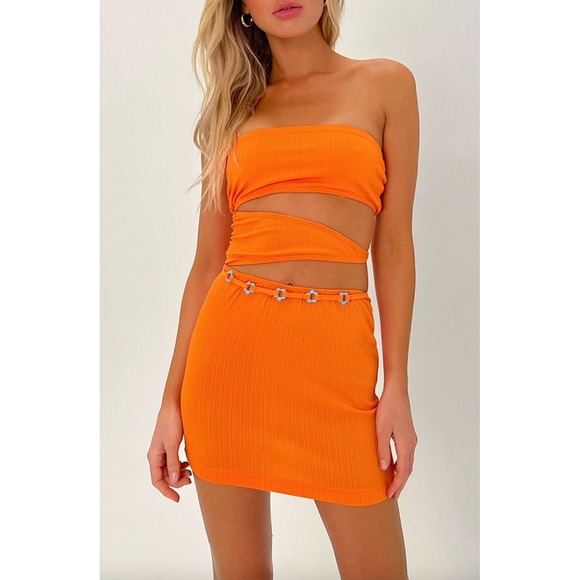 Frankies Bikinis Dresses & Skirts - NWT Frankies Bikinis Richie Plisse‎ Dress Orange Cut Out Strapless Mini Size M